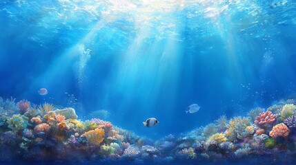 Obraz premium Tranquil Underwater Seascape with Cascading Sunlight and Vibrant Coral Reef