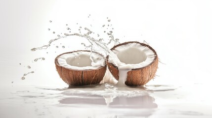Dynamic Splash of Coconut Milk Around Two Halved Coconuts on White Background