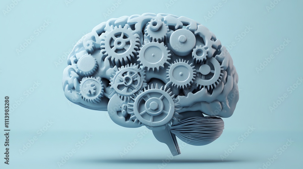 Poster a 3d model of a brain with gears representing cognitive processes.