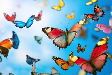 Colorful butterflies fluttering against a bright blue sky in nature's vibrant display