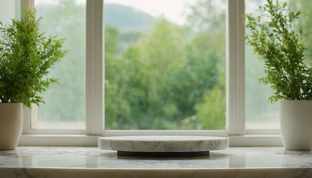 Fototapeta white wood table top with window and green nature bokeh background High quality photo2