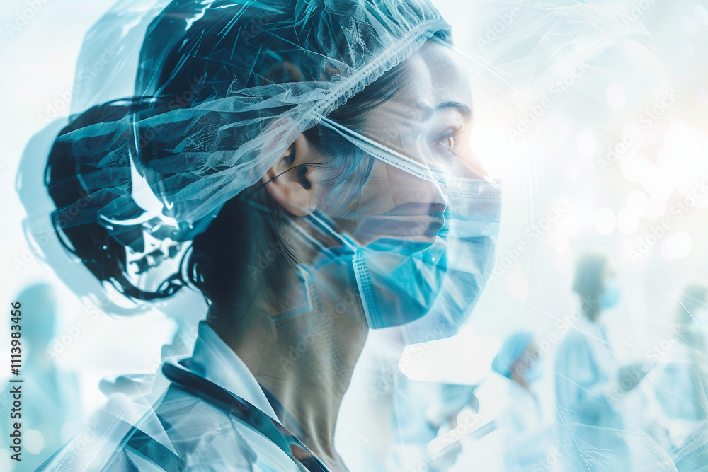 Poster a double exposure image of a worker in laboratory generative ai