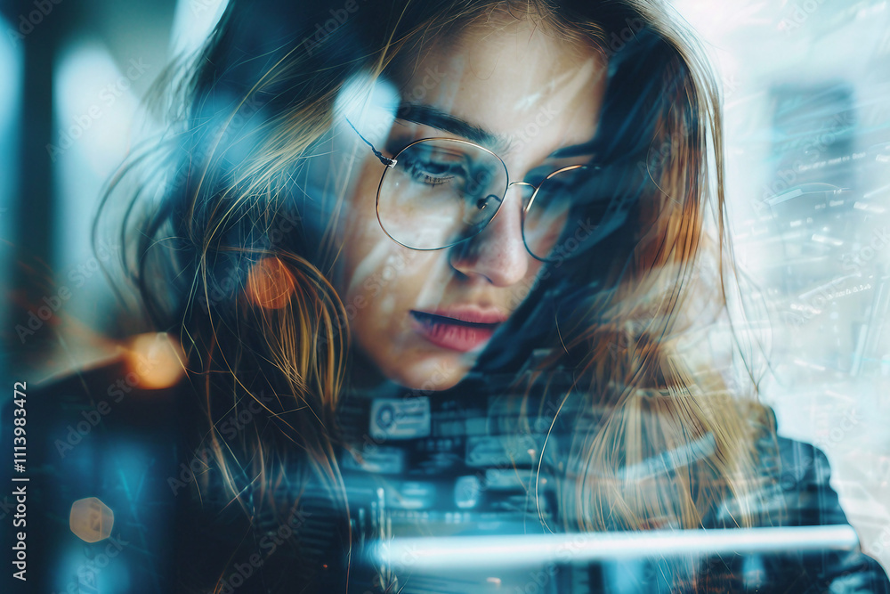 Poster a double exposure image of a worker in laboratory generative ai