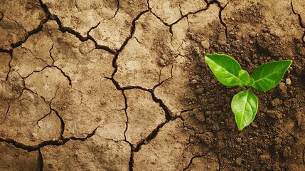 Small Green Plant with Three Leaves Growing in Cracked Dry Soil
