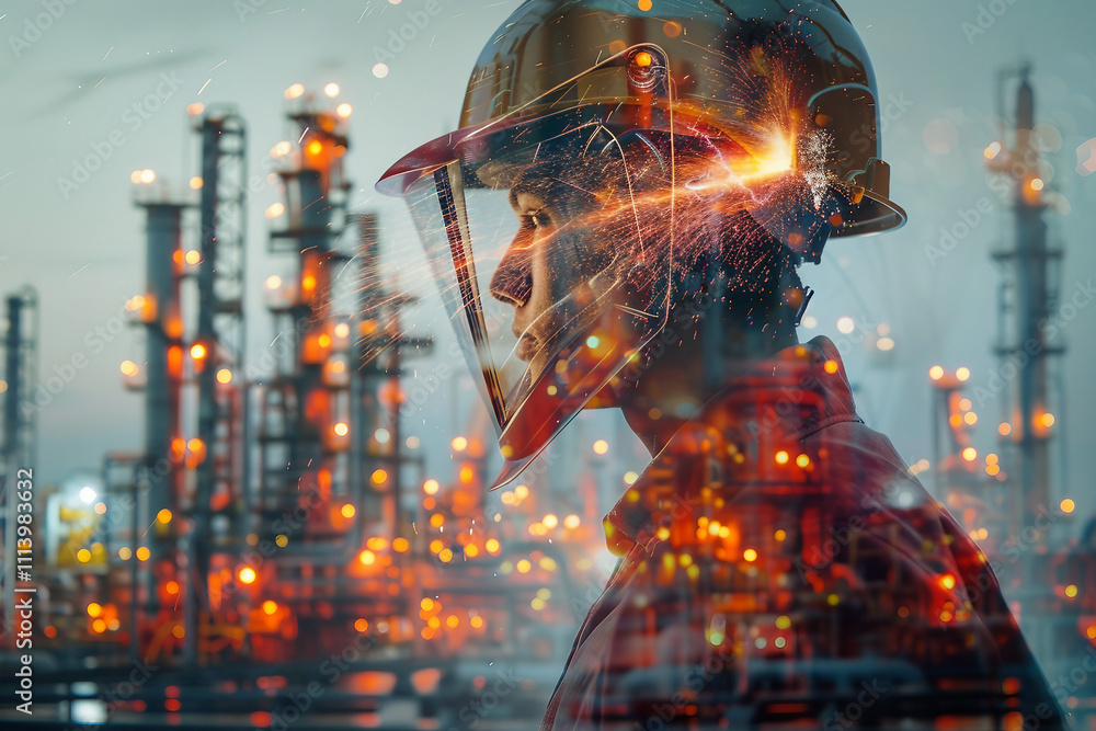 Aufkleber a double exposure of a worker in a helmet with an industrial background generative ai