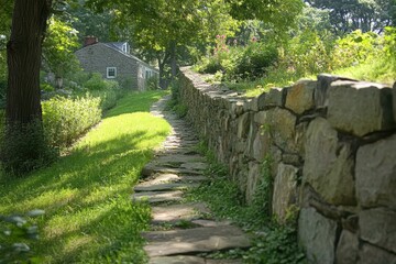 Fototapeta premium Stone path alongside a rustic stone wall, leading to a charming stone house. Perfect for showcasing tranquility, nature, and rural settings.