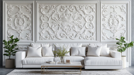 A clean and modern white living room with a minimalist design.