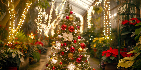 Decorated Christmas tree with lights in a greenhouse surrounded by poinsettias and fairy lights.
