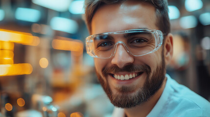 man with safety glasses and a beard is smiling. Bright lights are in the background