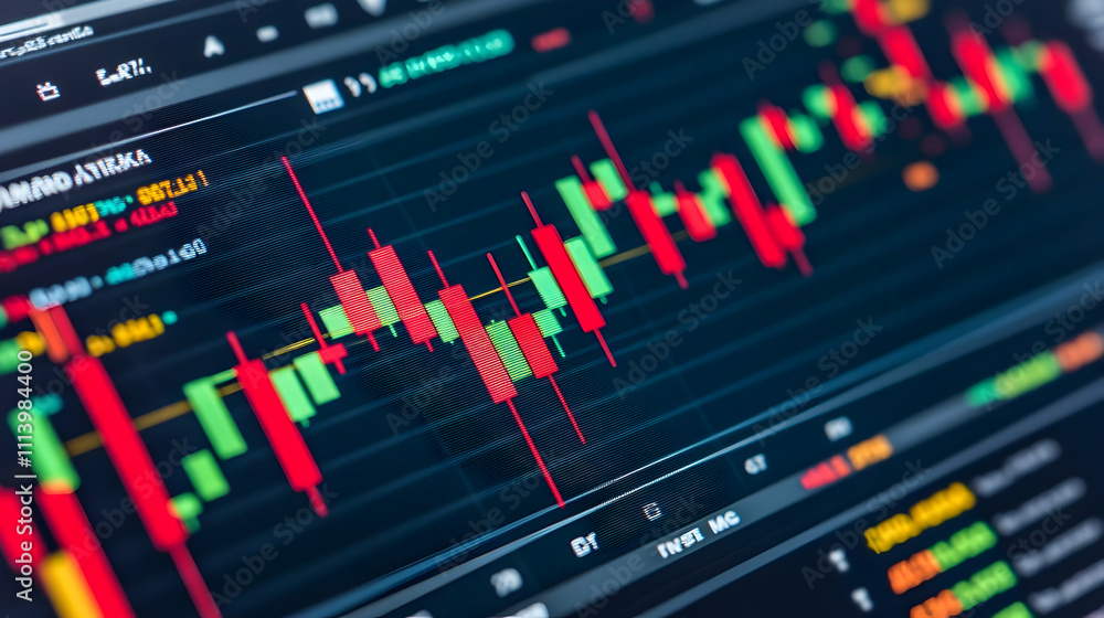 Poster close-up shot of a computer screen displaying dynamic stock market data, showcasing candlestick char