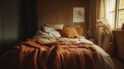 A rustic bedroom with warm-toned bed linen, including a mix of earthy colors like terracotta and mustard, with a knitted throw draped over the bed