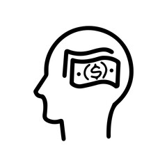 Line art illustration of a head with money inside. Symbolizes wealth, finance, business, money, profit, income, and riches. Perfect for business, finance, and marketing concepts