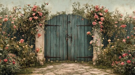 Rustic Garden Gate with Blooming Roses