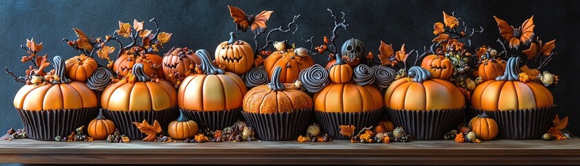 Halloween cupcake display with pumpkin decorations cozy kitchen food photography festive atmosphere close-up view creative concept