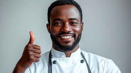 chef male thumb up on white background , studio shot