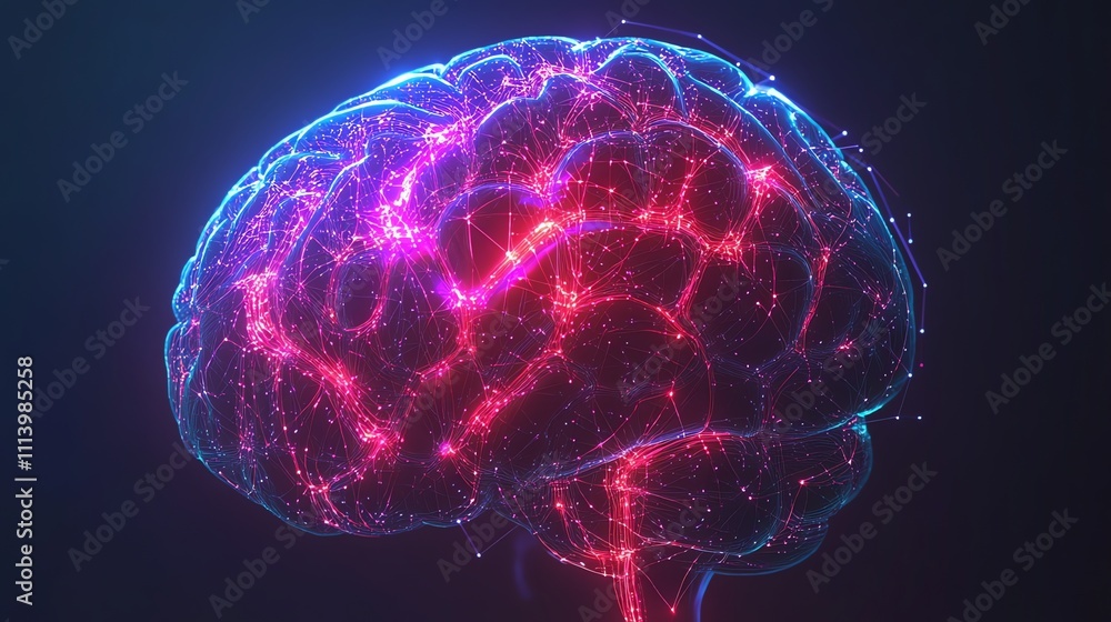 Poster a digital representation of a human brain, with glowing lines and nodes connecting various areas.