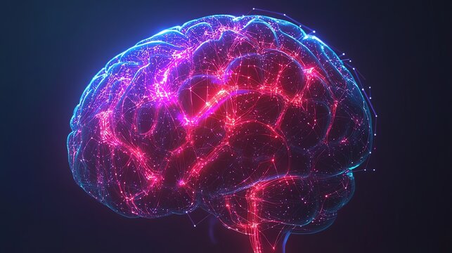 A digital representation of a human brain, with glowing lines and nodes connecting various areas.