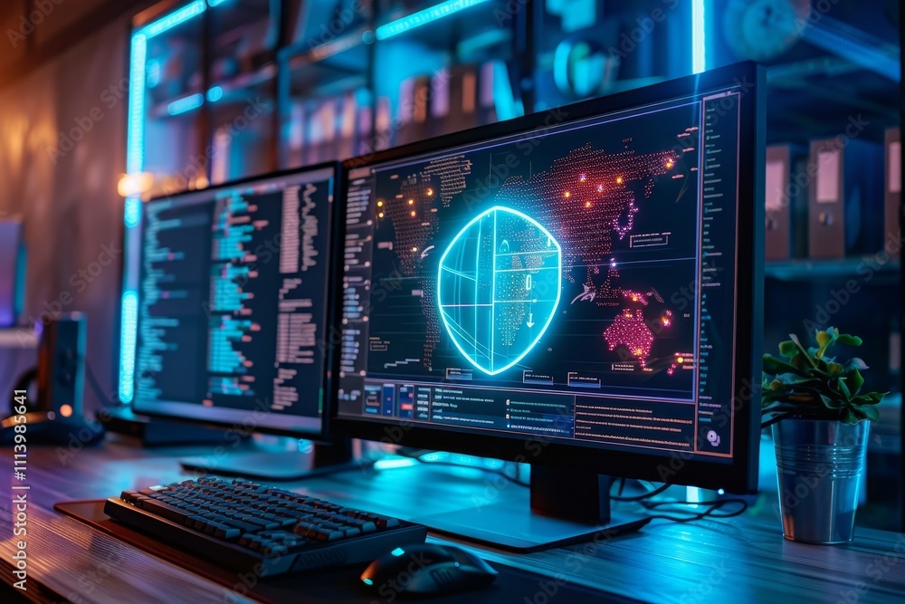 Poster dual computer monitors featuring a security system dashboard, highlighting various surveillance came