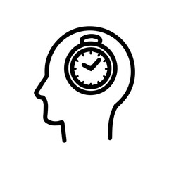 Line art illustration of a human head with a stopwatch inside. Symbolizes time management, productivity, efficiency, deadline, and planning. Perfect for business and time management concepts