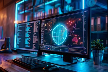 Dual computer monitors featuring a security system dashboard, highlighting various surveillance camera views and alerts. Data security shield on a computer screen.