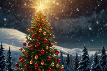 Obraz premium Christmas tree with decoration, hristmas tree pine with gift decoration decor balls garlands new year interior