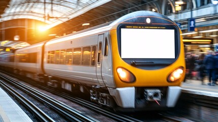 Fototapeta premium Advertise billboard display mockup concept. A modern train speeding through a brightly lit station during sunset.