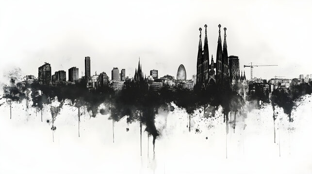 Skyline de Barcelona en l&iacute;neas negras sobre fondo blanco