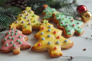 A collection of decorated Christmas tree cookies arranged on a vibrant blue background, showcasing festive colors and designs. Delicious and colorful Christmas cookies shaped like trees and stars .