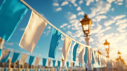 Advertise billboard display mockup concept. Colorful bunting sways in the breeze under a bright sky with vintage lampposts in the background.