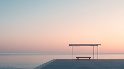 Serene Seascape Bench Under Shade At Dawn