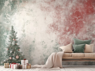 Living Room with Color-Washed Walls and Festive Christmas Tree in Holly Red, Frosty White, and Pine Green