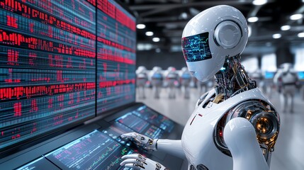 Fototapeta premium Futuristic robot operates control panel in a high-tech facility with digital displays.