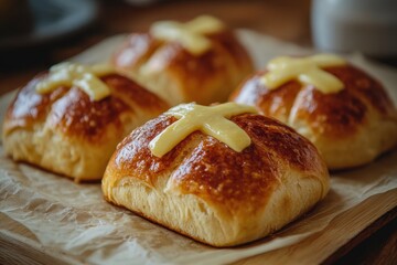 Golden-brown hot cross buns with creamy crosses, freshly baked. Perfect for Easter celebrations or springtime treats, showcasing delicious, homemade goodness.