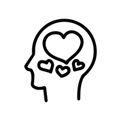 Line art illustration of a head with hearts inside. Symbolizes love, compassion, kindness, empathy, and affection. Perfect for love, relationships, and mental health concepts