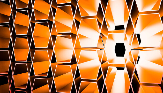 Abstract orange geometric pattern with repeating shapes and a dynamic composition.
