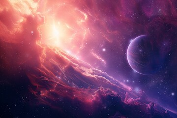 Obraz premium Design a podcast cover art depicting a journey through space for a Sci-fi series .A view of Earth from space, surrounded by twinkling stars and a colorful nebula in the vast universe.