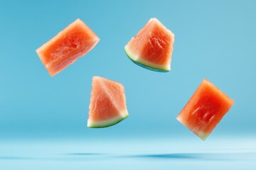 Fresh watermelon suspended in air against a blue backdrop High resolution image showcasing food levitation