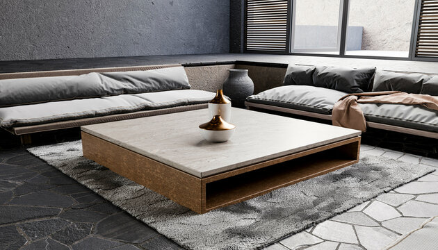 Illustration of a modern living room interior with a large low-lying coffee table, sectional sofa, and decorative vase on a textured area rug.