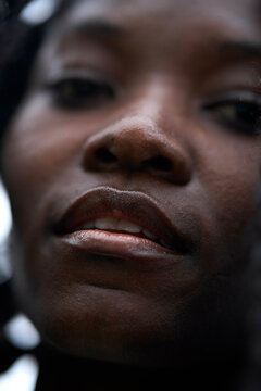 Close-up of a woman's face focusing on her nose and mouth against a blurry background, Brandenburg, Germany