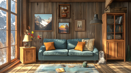  3D render showcasing a cozy living room interior design featuring a rusty-toned sofa paired with a blue mockup frame above it, creating a striking color contrast. The space includes a stylish wooden 