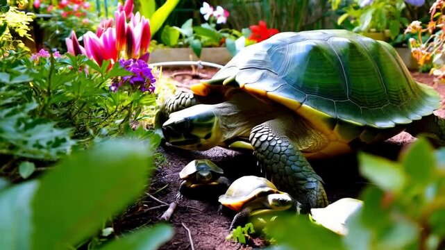 A cheerful turtle interacts with baby turtles in a vibrant garden setting.