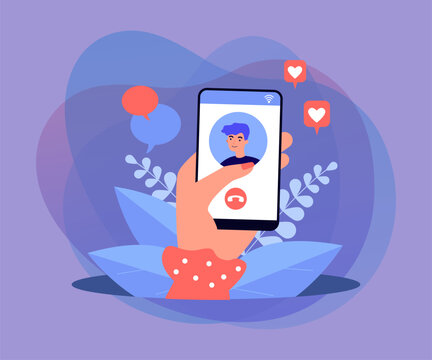 Hand holding phone with video call with cartoon person on screen. Girlfriend video calling boyfriend via smartphone flat vector illustration. Technology, communication, family concept for banner