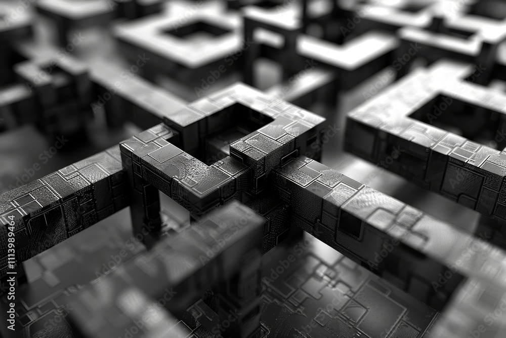 Poster a black and white depiction of a complex maze, showcasing intricate pathways and dead ends. digital 