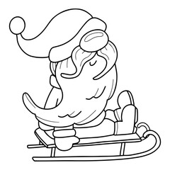 Santa gnome sledding coloring book hand drawn. Cute character. Happy holiday. Grandfather Frost. New Year. Event celebration. Vector line art cartoon illustration. Page for kids and adults.