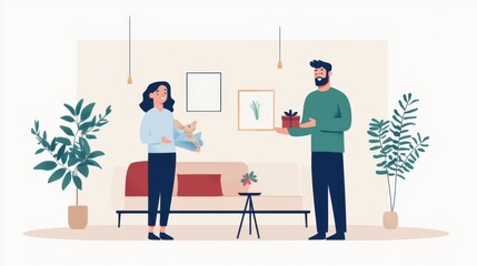 A cozy indoor scene featuring a woman and a man exchanging gifts amidst plants and modern decor, illustrating warmth and connection.