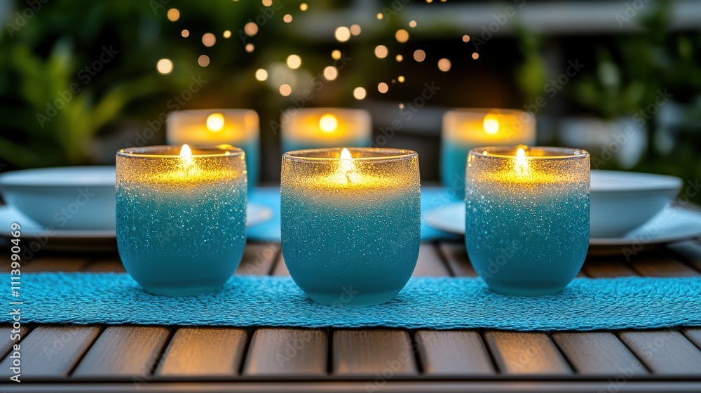 Poster serene evening table setting with sparkling candles and soft lighting in a tranquil outdoor setting 