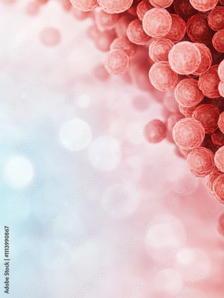 Poster a soft-focus abstract image featuring clusters of pink spheres against a dreamy, blurred background 
