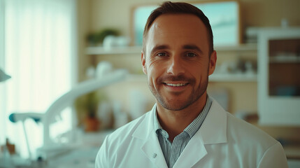 Obraz premium man in a white lab coat smiles at the camera. He's in a spa or clinic