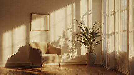 Fototapeta premium 3D rendering of a beautifully decorated living room in a minimal and cozy style. The design features a single elegant armchair positioned thoughtfully next to a lush green plant, creating a harmoniou