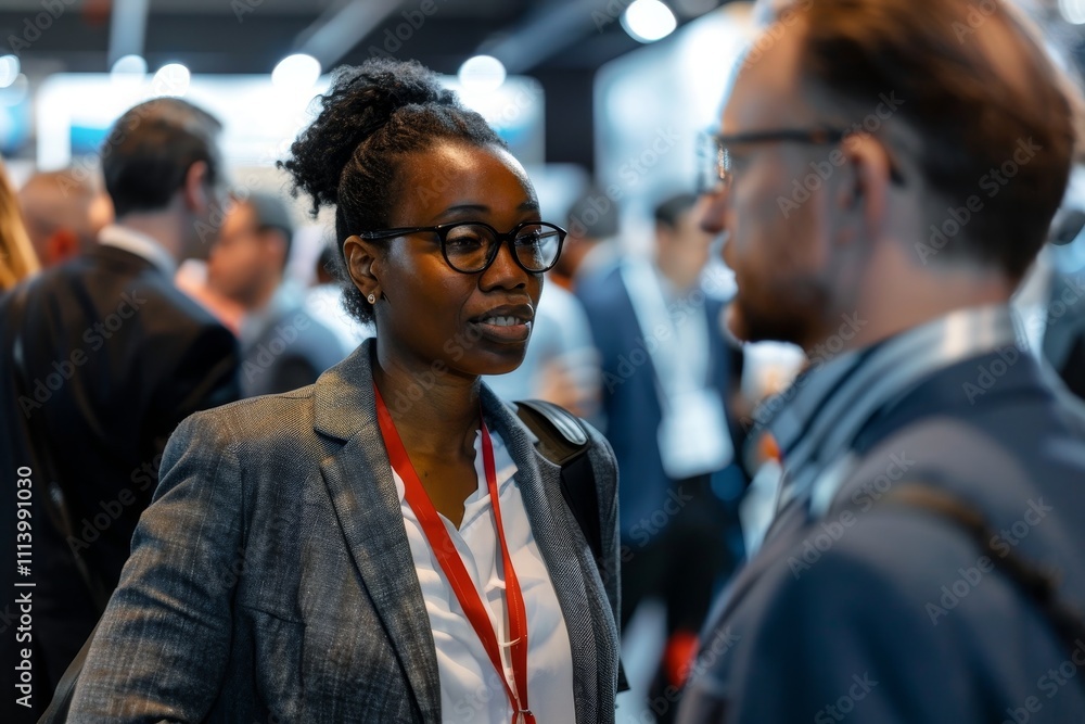 Poster diverse team of professionals networking at a business convention ,two individuals engaged in conver